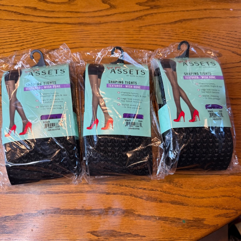 Lot of 3 Assets by Spanx Shaping Tights Black Wish Bone Textured Size 5 Slimming